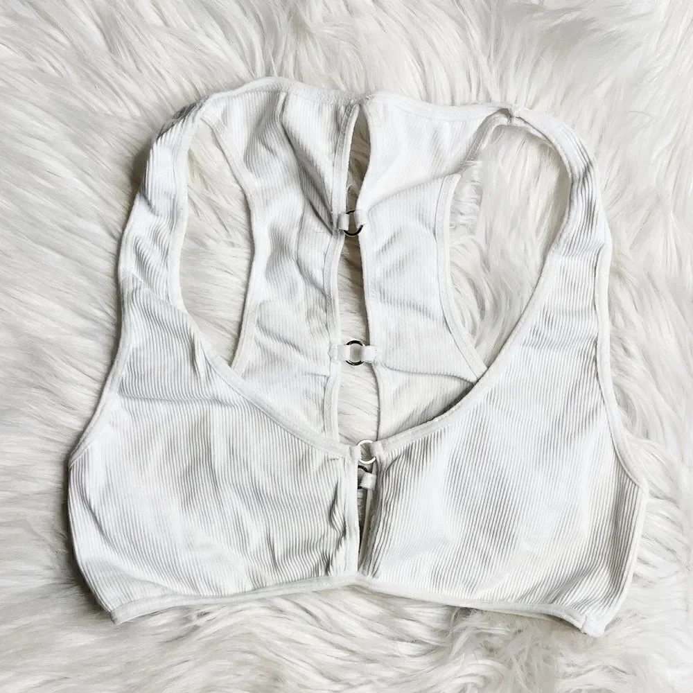 Youmita Caged Cut Out Racerback Ribbed Sports Bra White